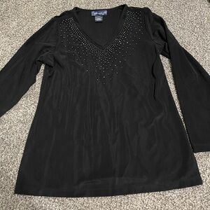 Susan Graver black embellished rhinestones long sleeve v neck shirt L